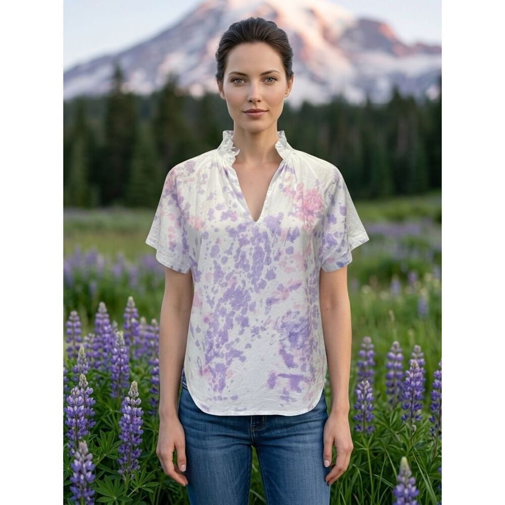 EUC Stark X Women's White Purple Splatter Deaign V Neck Short Sleeve Blouse  XS